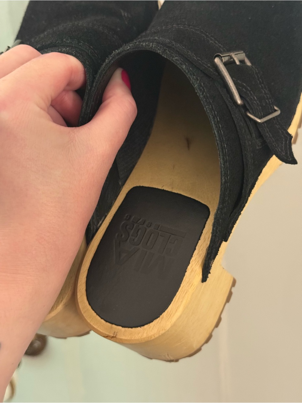 Black Suede Square Toe Clogs with Buckle - Picture 3 of 5